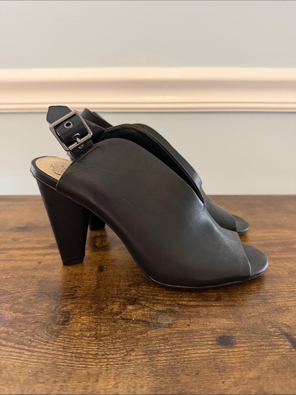 Vince Camuto Black Leather Open-Toe Slingback Heels
